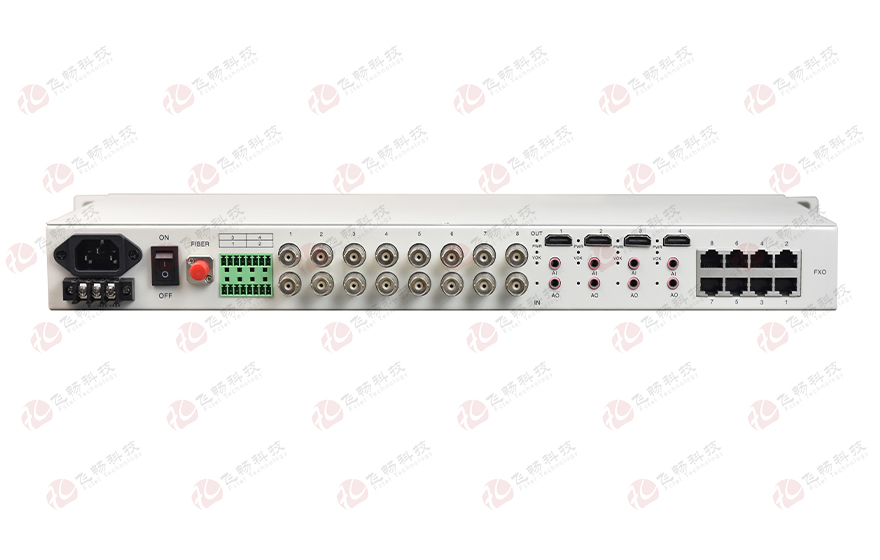 飛暢科技-4路HDMI視頻+2路千電+4路百電(物理隔離)+8路電話+開關(guān)量+串口+E1 光端機